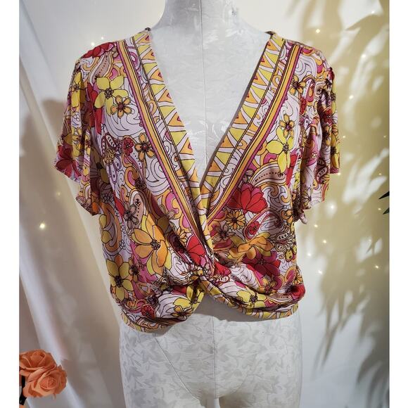 Vtg Angie Paisley Floral Twist Front Flutter Sleeve Crop Top Womens Plus Size 2X - Picture 1 of 8